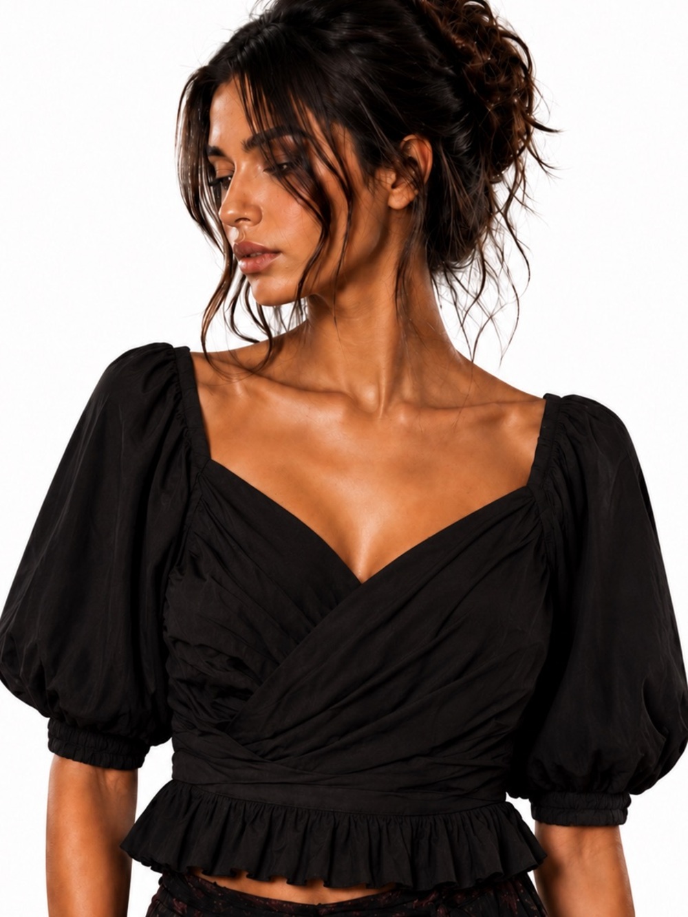 Express Wrap Smocked Crop Top Blouse XL Black Cotton Blend Witchy Gothcore New‎